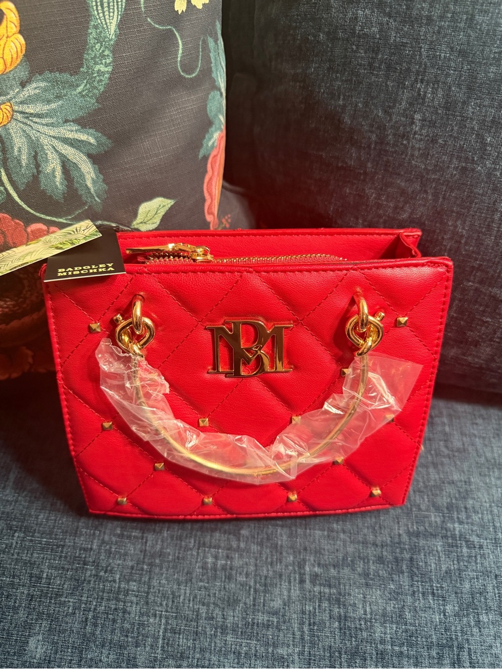 Red Quilted Mini Tote with Gold Hardware